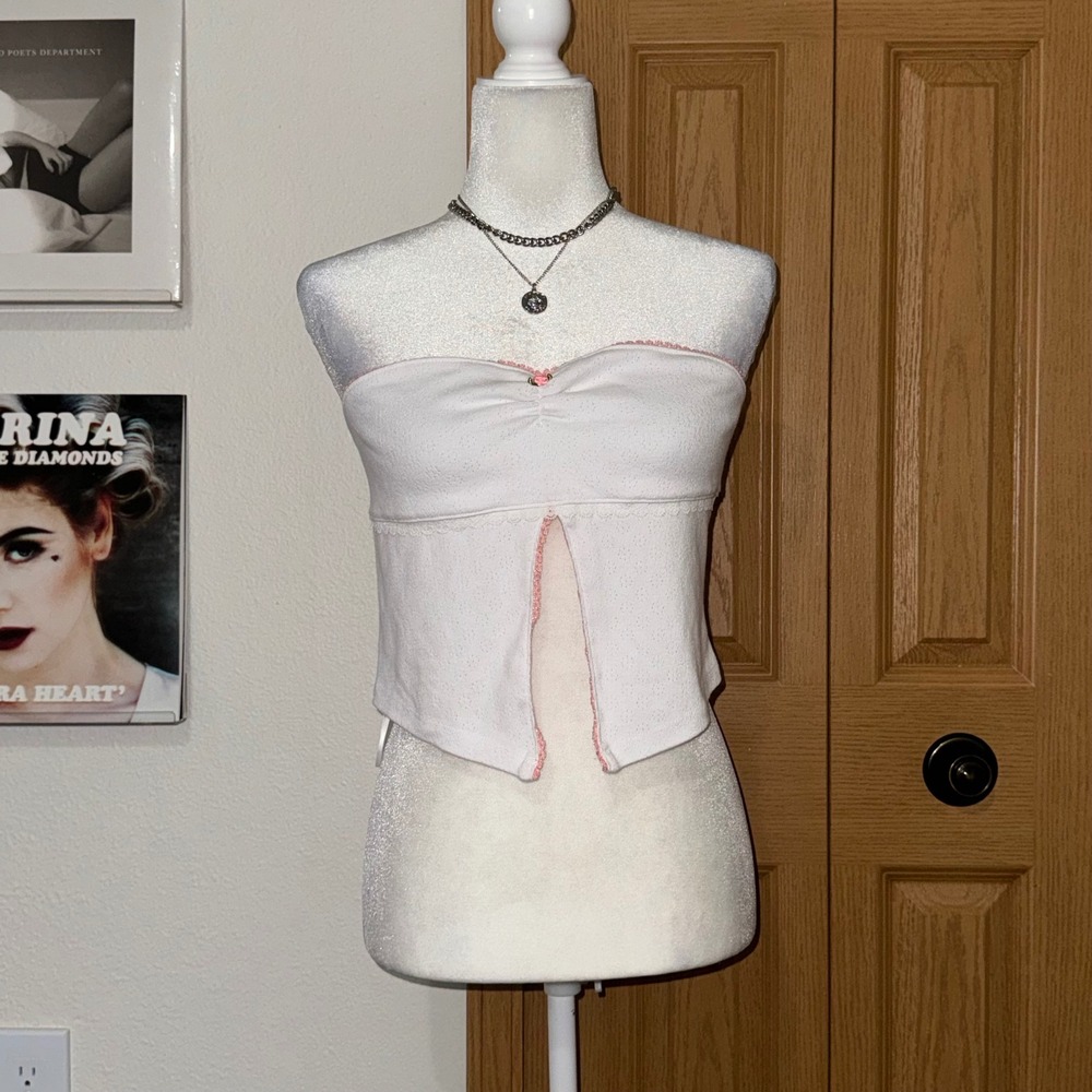 Kimchi Blue White Pointelle Lace Trim Split Front Tube Top Large Coquette Preppy